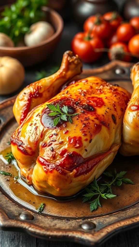 Oven-baked chicken thighs on a plate, garnished with herbs, in a cozy kitchen setting.